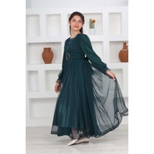 Asortix Kız Çocuk Astarlı Zümrüt Yeşil Uzun Tesettür Abiye ELBISE-ABY-0037