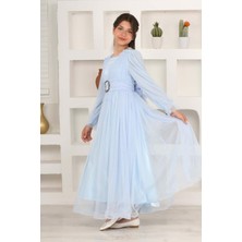 Asortix Kız Çocuk Astarlı Bebe Mavi Uzun Tesettür Abiye ELBISE-ABY-0037