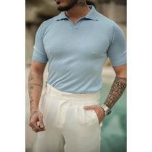 Cool Tarz Erkek Mavi Patlı Kısa Kollu Polo Yaka Triko T-Shirt