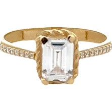 Altınöz Mücevherat Zirkon Baget Taşlı Dört Tırnak Kolları Sıra Taşlı Yeşil Altın Yüzük