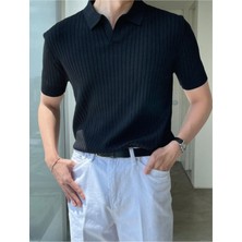 Cool Tarz Siyah Erkek Fitilli Polo Yaka Triko T-Shirt