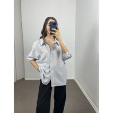 Myrum Butik Gri Çizgili Oversize Viskon Gömlek Standart