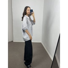 Myrum Butik Gri Çizgili Oversize Viskon Gömlek Standart