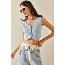 Xhan Buz Mavisi Denim Crop Yelek 5YXK4-48705-43