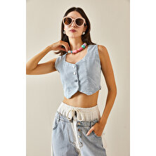 Xhan Buz Mavisi Denim Crop Yelek 5YXK4-48705-43