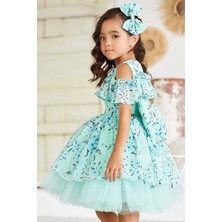 Riccotarz Kız Çocuk Omzu Açık Göğsü Fırfırlı Çiçek Detaylı Yeşil Abiye