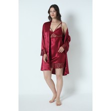 Alissa Bordo Saten Gecelik Sabahlık Pijama Takım Şort Takım 6'lı Gelin Çeyiz Seti 8670