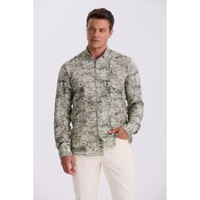 Jakamen Yeşil Desenli Düğmeli Yaka Comfort Fit Gömlek