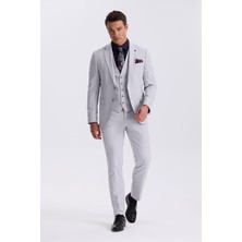 Jakamen Gri Slim Fit Mono Yaka Çift Yırtmaçlı Yelekli Takım Elbise