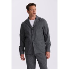 Jakamen Antrasit Slim Fit Apaş Yaka Keten Karışımlı Çift Yırtmaçlı Çizgili Takım Elbise