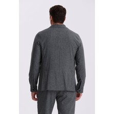 Jakamen Antrasit Slim Fit Apaş Yaka Keten Karışımlı Çift Yırtmaçlı Çizgili Takım Elbise
