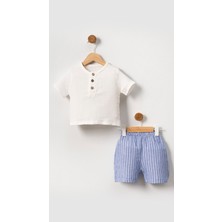 Bubito Unisex Bebek&çocuk %100 Pamuklu Çizgili Düğmeli Müslin Şort Takım-Mavi