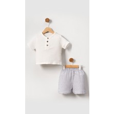 Bubito Unisex Bebek&çocuk %100 Pamuklu Çizgili Düğmeli Müslin Şort Takım-Gri