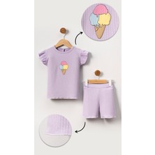 Bubito Kabartmalı Dondurma Görselli Pamuklu Kız Bebek Şort Takım-Mor