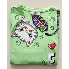Kapi Kids  Uzunkollu Sevimli Kedi Baskılı Pamuklu Kız Çocuk Pijama Takımı Yeşil 6054