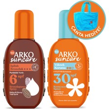 Arko Suncare Spf6 Bronzlaştırıcı Güneş Yağı 220 ML&SPF30 Yüksek Korumalı Vücut Güneş Spreyi 200 ml Çanta Hediyeli