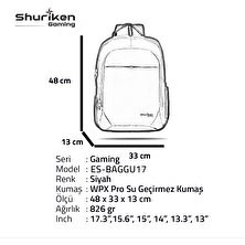 Shuriken Gaming Travel 17 Inç Sırt Çantası - Wpx Pro Su Geçirmez Kumaş / Siyah ES-BAGGU17