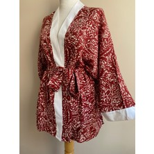 Kinua Studio Flora Çiçekli Beyaz Kırmızı Kimono