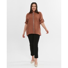 Laden Büyük Beden Kadın Pamuk Keten Anne Yazlık Baharlık Mevsimlik Taşlı  Uzun Kollu Gömlek