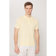 AC&Co / Altınyıldız Classics Erkek Çekmeyen Pamuklu Kumaş Slim Fit Dar Kesim Sarı-Beyaz Kıvrılmaz Polo Yaka Tişört