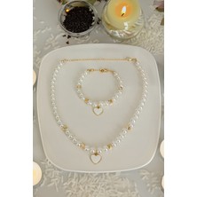 Minimalist Tasarım Kalpli Bileklik, Kalpli Kolye, Incili Set, Inci Kolye Set, Inci Bileklik Set, Kolye Bileklik Set, Incili Kolye Bileklik Set