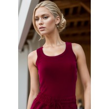 Yakamel Kadın Bordo Askılı Ribana Fitilli Halter Yaka Spor Atlet