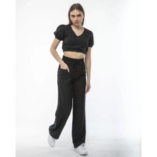 La Cattelea Kadin Keten Pantalon ve Crop Takım - Siyah