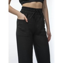 La Cattelea Kadin Keten Pantalon ve Crop Takım - Siyah