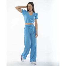 La Cattelea Kadin Keten Pantalon ve Crop Takım - Mavi