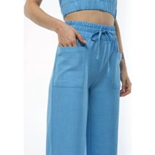 La Cattelea Kadin Keten Pantalon ve Crop Takım - Mavi