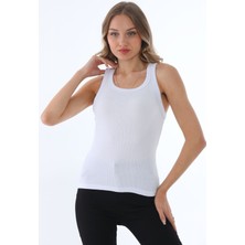 Yakamel Kadın Beyaz Fitilli Basic Örme Askılı Trend Spor Atlet