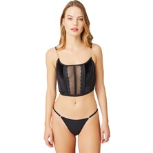 Cottonhill Beauty Cottonhill Siyah Ayarlanabilir Lastikli Tül Detaylı Kadın Kadife Bralet