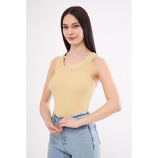 Yakamel Kadın Bej Fitilli Basic Örme Askılı Trend Spor Atlet