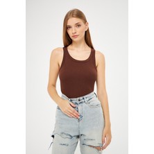 Yakamel Kadın Kahverengi Fitilli Basic Örme Askılı Trend Spor Atlet