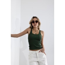 Yakamel Kadın Yeşil Fitilli Görünümlü Askılı Basic Esnek Yazlık Spor Atlet