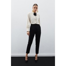 Sateen Yüksek Bel Pensli Pantolon - Siyah