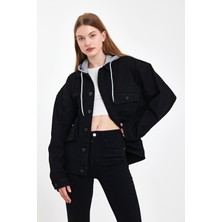 Damga Kadın Jeanmove Oversize Pamuklu Rahat Kapşonlu Kot Ceket Siyah