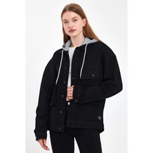 Damga Kadın Jeanmove Oversize Pamuklu Rahat Kapşonlu Kot Ceket Siyah