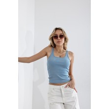 Yakamel Kadın Bebe Mavi Fitilli Görünümlü Askılı Basic Esnek Yazlık Spor Atlet