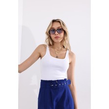 Yakamel Kadın Beyaz Fitilli Görünümlü Askılı Basic Esnek Yazlık Spor Atlet