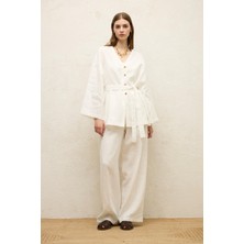 Manuka Düğmeli Keten Gömlek Ekru