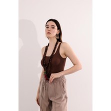 Kadın Kahverengi Fitilli Görünümlü Askılı Basic Esnek Yazlık Spor Atlet