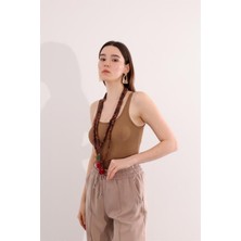 Yakamel Kadın Krem Fitilli Görünümlü Askılı Basic Esnek Yazlık Spor Atlet