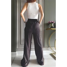 Yakamel Kadın Beli Lastikli Yazlık Dokulu Bürümcük Palazzo Pantolon