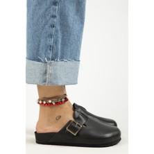 Manijero Zeta 2 Kadın Deri  Deri Kemerli Tokalı Sabo Siyah Terlik