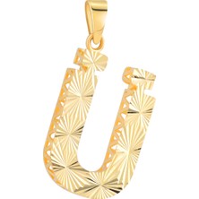 Prenses Pırlanta 14 Ayar Altın Ü Harfi Kolye Ucu Parlak Kalemli Işıltılı Zincir Dahil Değildir