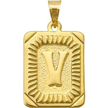 Prenses Pırlanta 14 Ayar Altın V Harfi Kolye Ucu Kare Desenli Harf Zincir Dahil Değildir