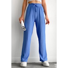 Yakamel Kadın Beli Lastikli Yazlık Dokulu Bürümcük Palazzo Pantolon