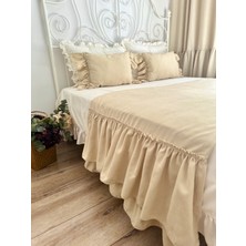 Decamor Home Yatak Runner ve Iç Dolgulu Kırlent Seti Bej Fırfırlı Yatak Runner Yatak Örtüsü