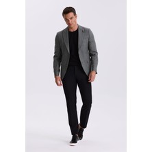 Jakamen Gri Slim Fit Kırlangıç Yaka Çizgili Keten Pamuk Mevsimlik Ceket